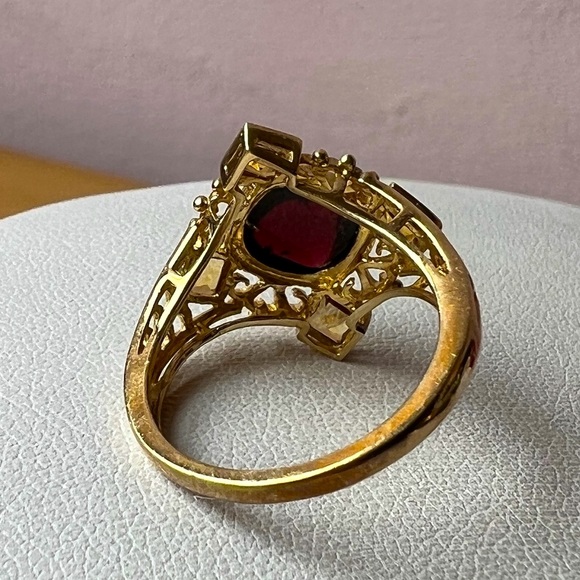 10K YELLOW GOLD CABOCHON GARNET AND CITRINE RING DESIGNER LOOK STATEMENT PIECE